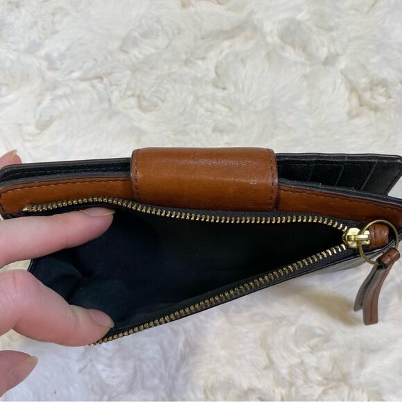 Fossil Leather Wallet Brown Cream Black Colorblock Striped Card Holder Zip - Picture 7 of 10